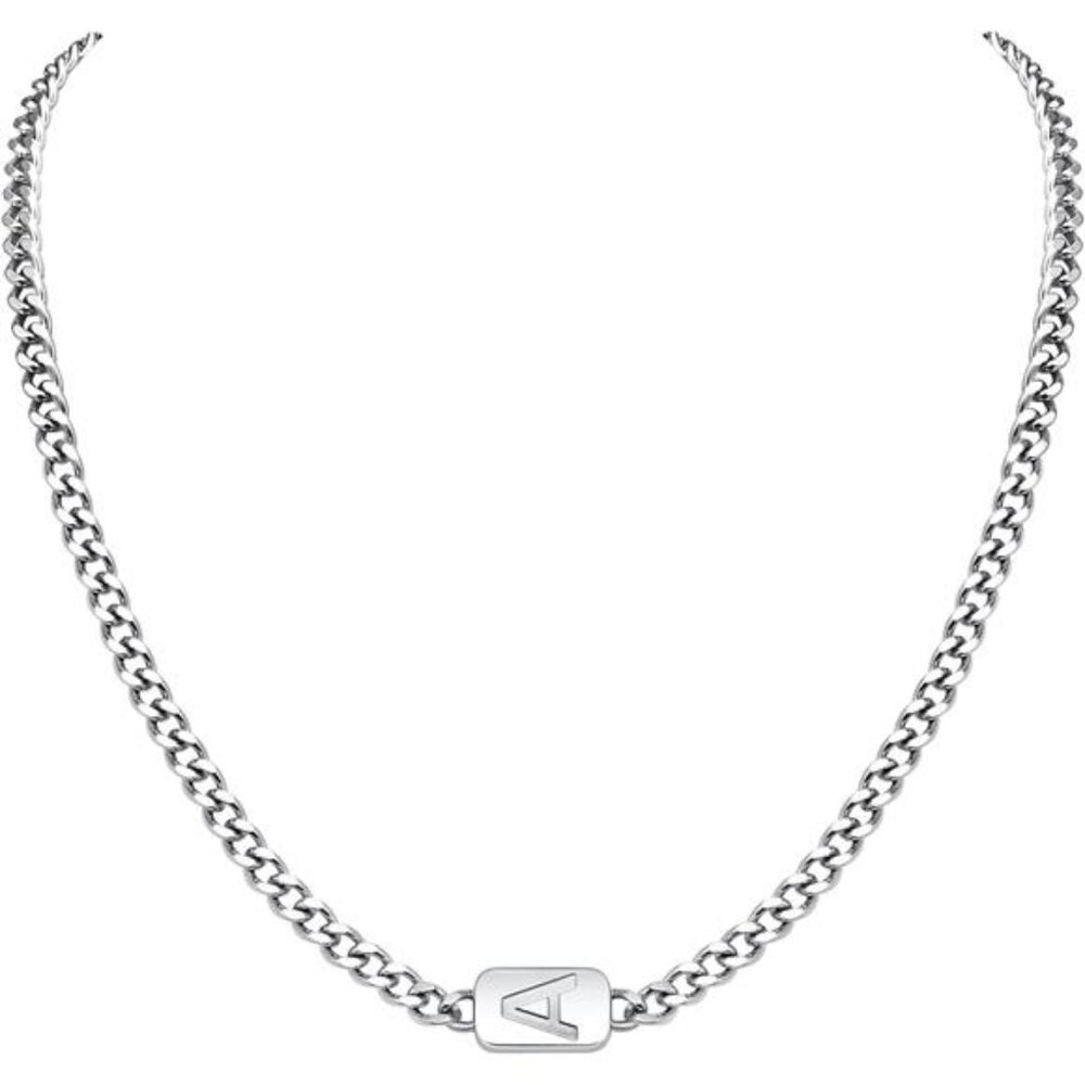 Silver Initial A Necklace for Men - Letter A Necklaces Cuban for Men